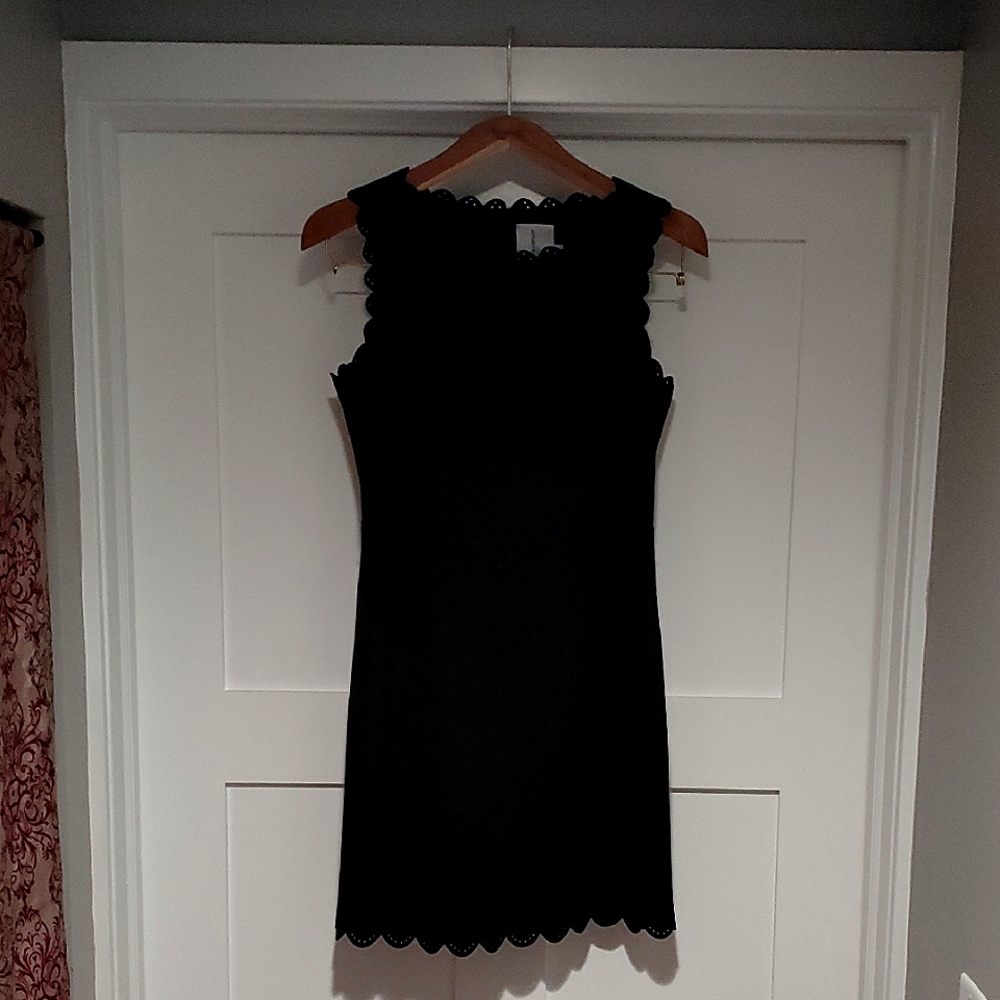 Little, black dress. Knee-length, scalloped edges. Katherine Barklay. Size 6.